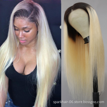 Pre-Plucked 100% Virgin Human Virgin Hair Blonde 1B/613 Blonde Lace Front Wig Dark Roots,HD Transparent Lace Front Wig